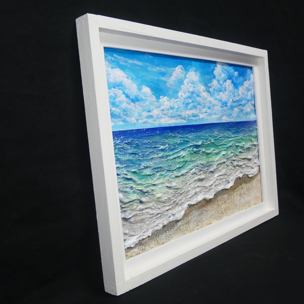 【油絵原画】夏の砂浜の海(額縁入り立体アート作品/一点物)
