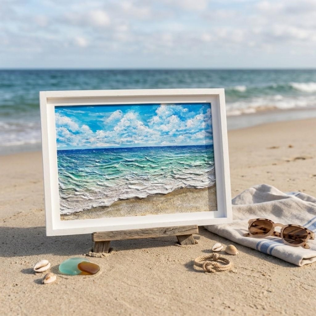 【油絵原画】夏の砂浜の海(額縁入り立体アート作品/一点物)