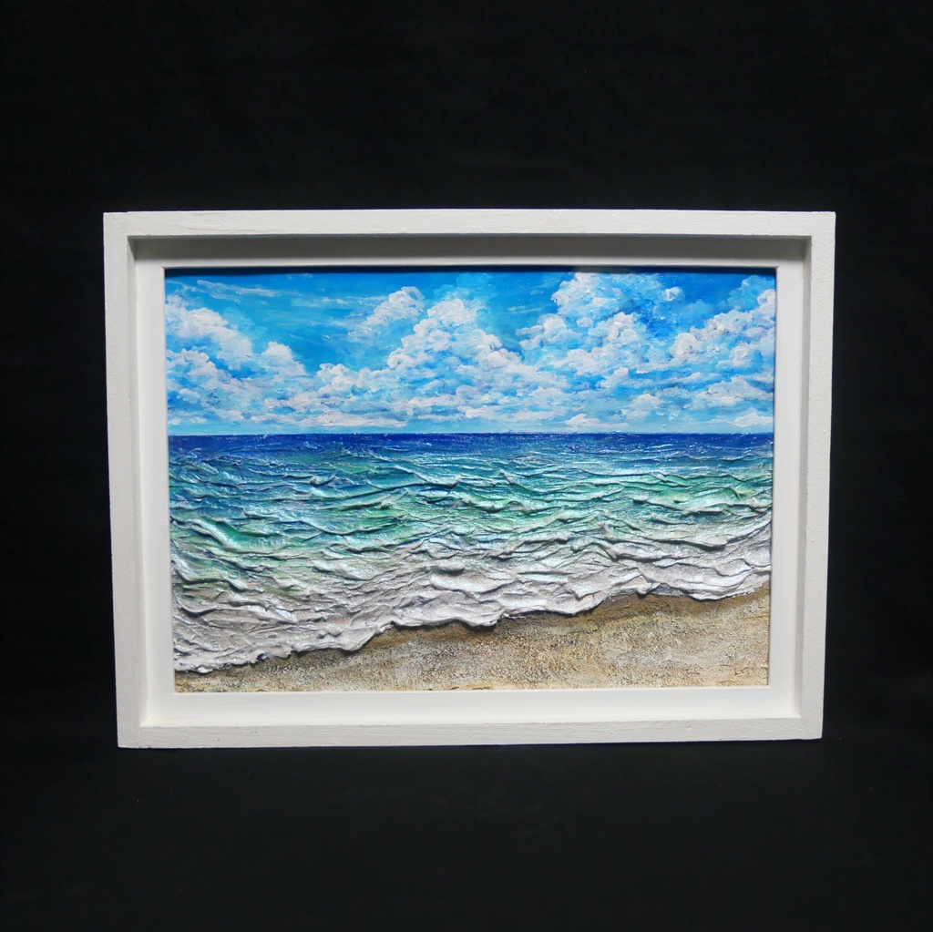 【油絵原画】夏の砂浜の海(額縁入り立体アート作品/一点物)