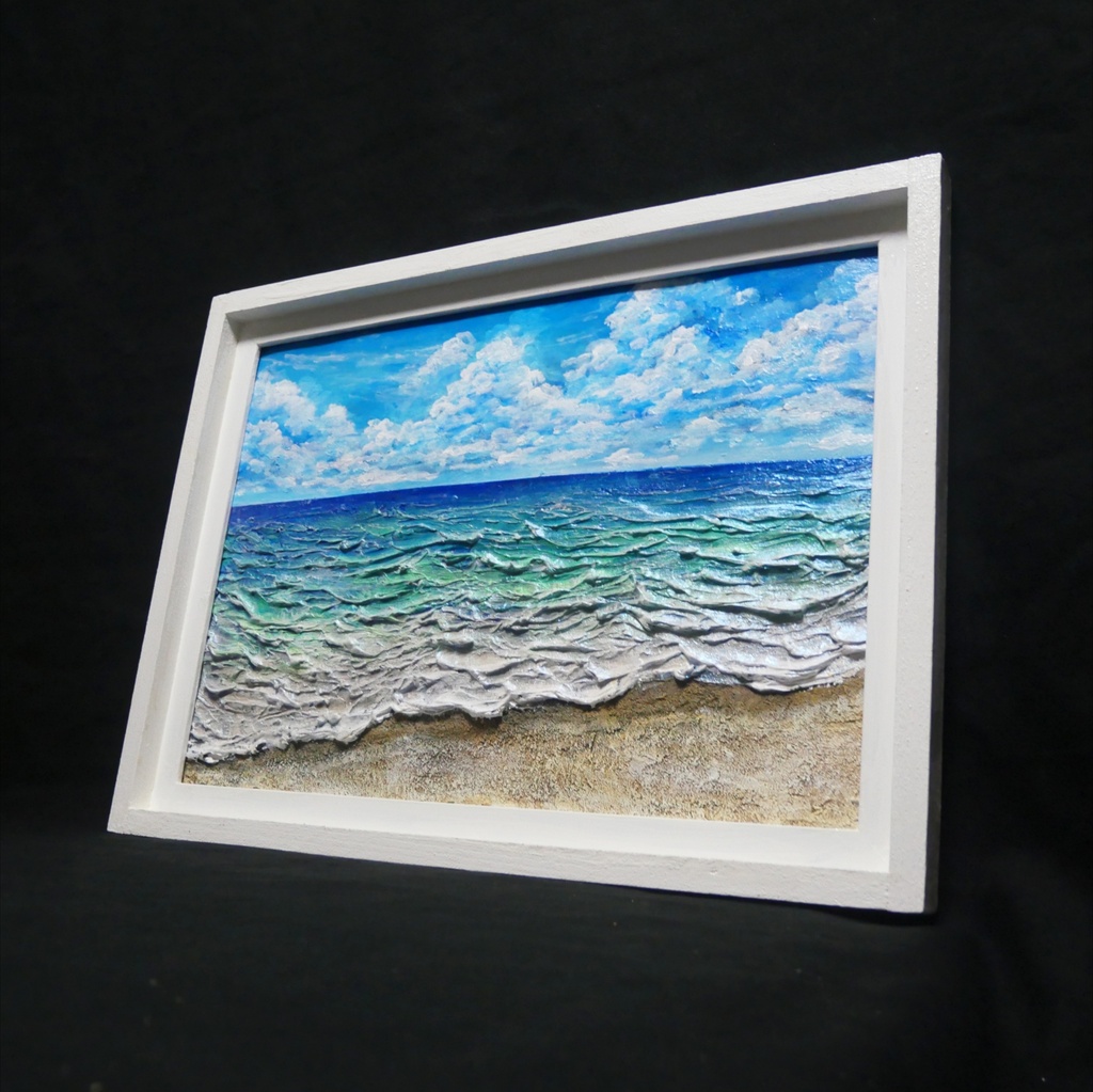 【油絵原画】夏の砂浜の海(額縁入り立体アート作品/一点物)