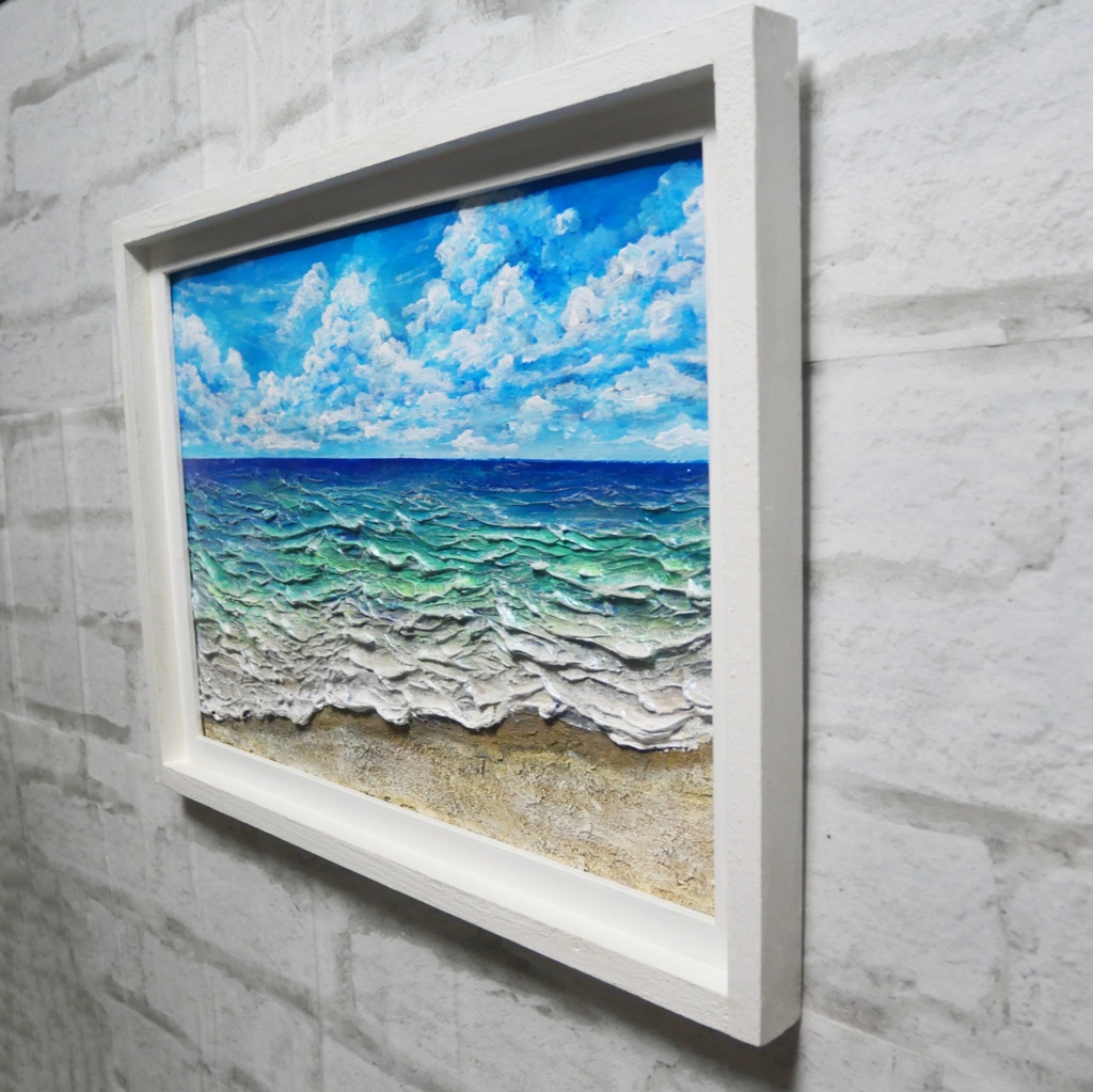 【油絵原画】夏の砂浜の海(額縁入り立体アート作品/一点物)