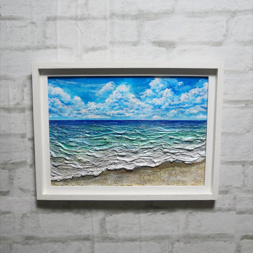 【油絵原画】夏の砂浜の海(額縁入り立体アート作品/一点物)