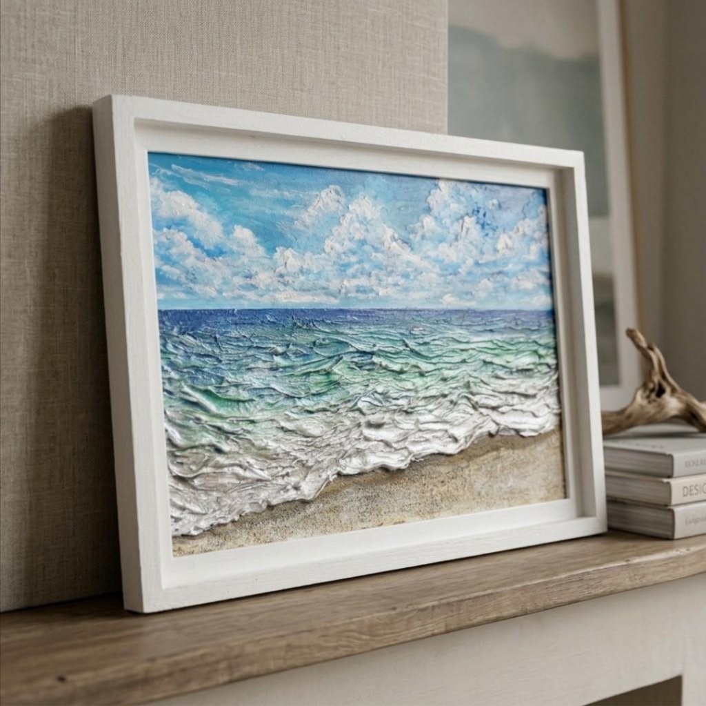 【油絵原画】夏の砂浜の海(額縁入り立体アート作品/一点物)