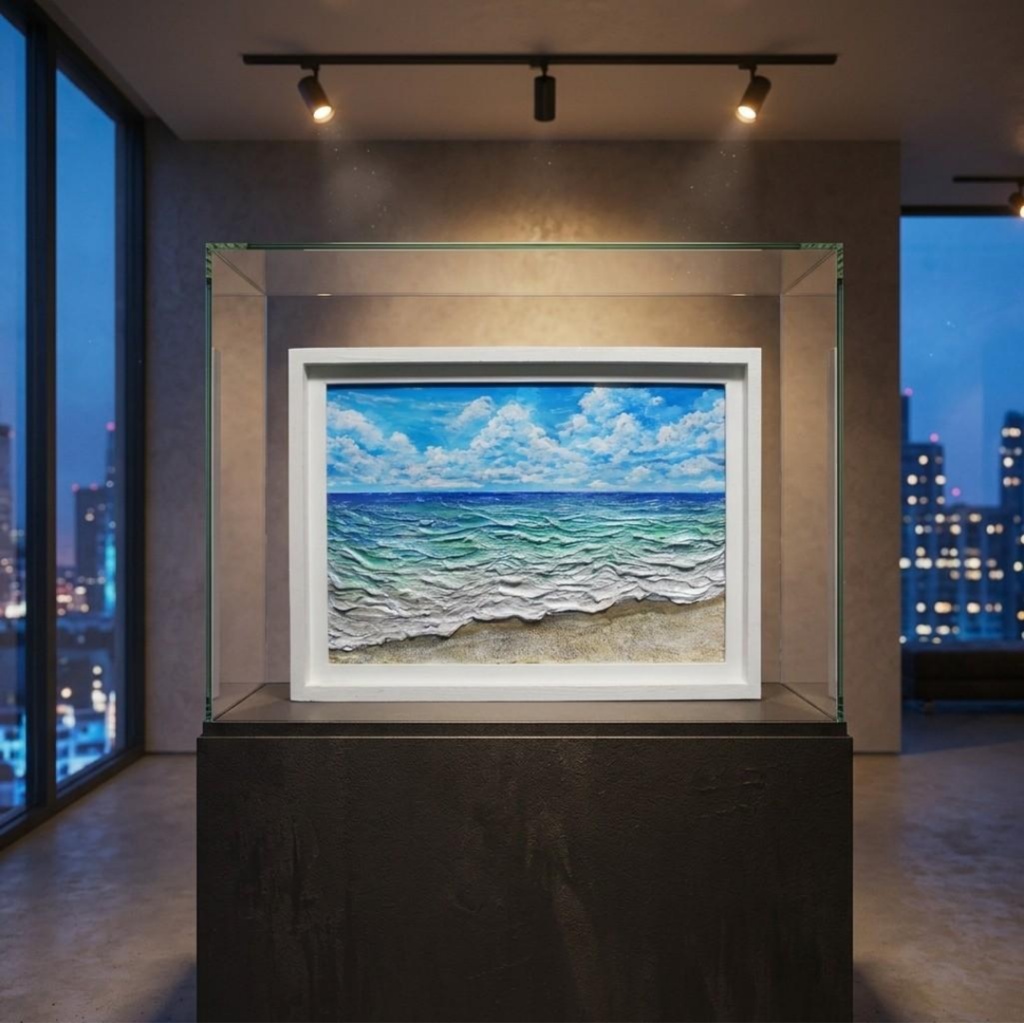 【油絵原画】夏の砂浜の海(額縁入り立体アート作品/一点物)