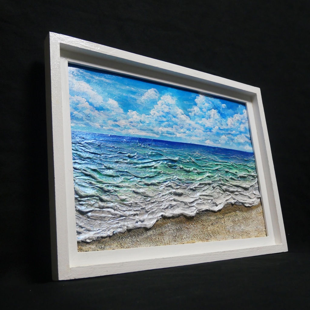 【油絵原画】夏の砂浜の海(額縁入り立体アート作品/一点物)