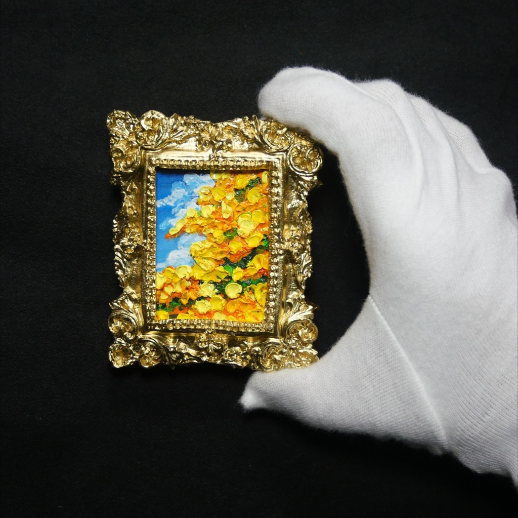 【1点物】油彩原画「風とはずむミモザ」手のひらサイズのミニ絵画(アンティーク調額縁)