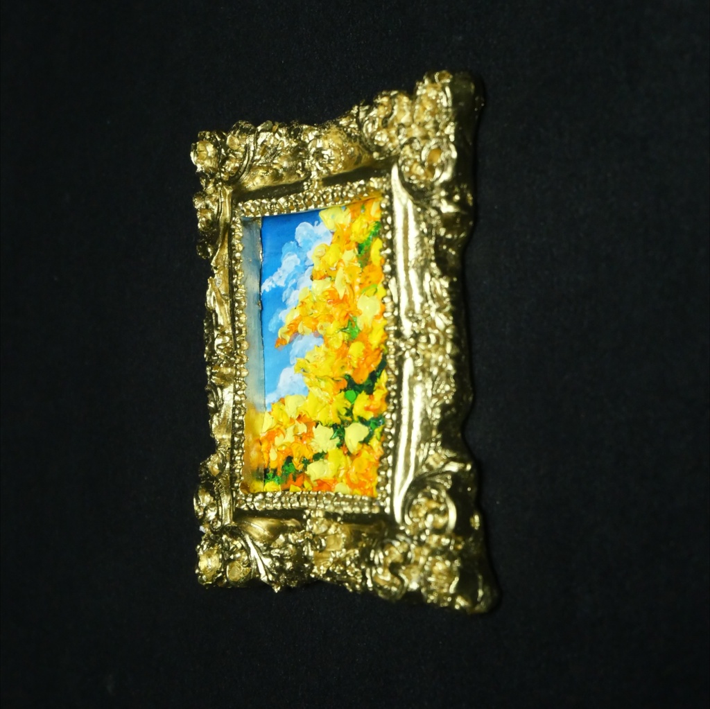 【1点物】油彩原画「風とはずむミモザ」手のひらサイズのミニ絵画(アンティーク調額縁)