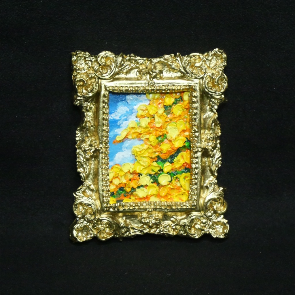 【1点物】油彩原画「風とはずむミモザ」手のひらサイズのミニ絵画(アンティーク調額縁)