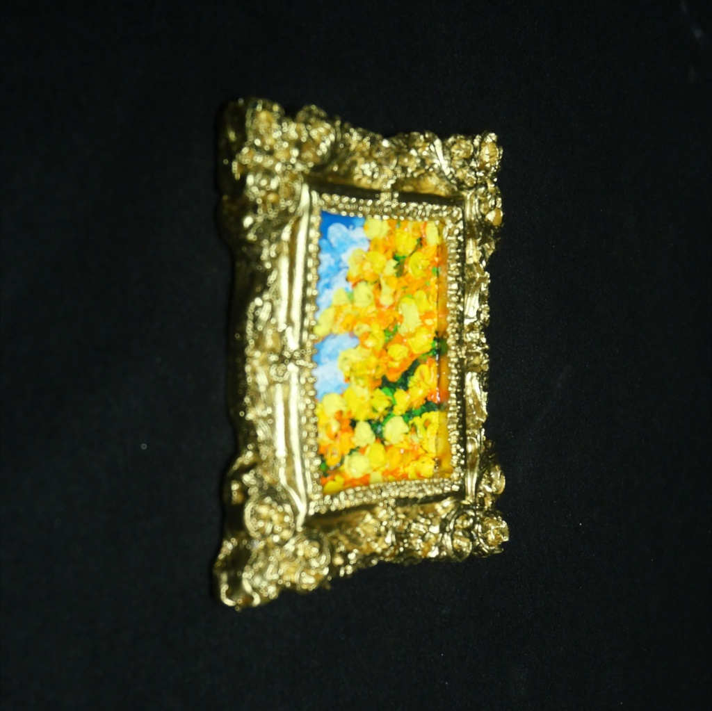 【1点物】油彩原画「風とはずむミモザ」手のひらサイズのミニ絵画(アンティーク調額縁)