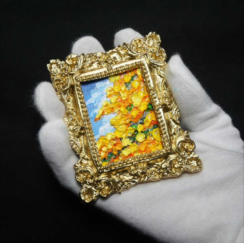 【1点物】油彩原画「風とはずむミモザ」手のひらサイズのミニ絵画(アンティーク調額縁)