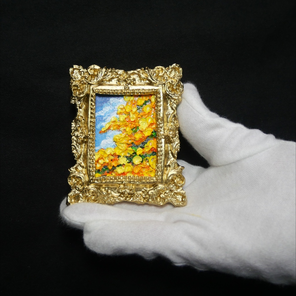 【1点物】油彩原画「風とはずむミモザ」手のひらサイズのミニ絵画(アンティーク調額縁)