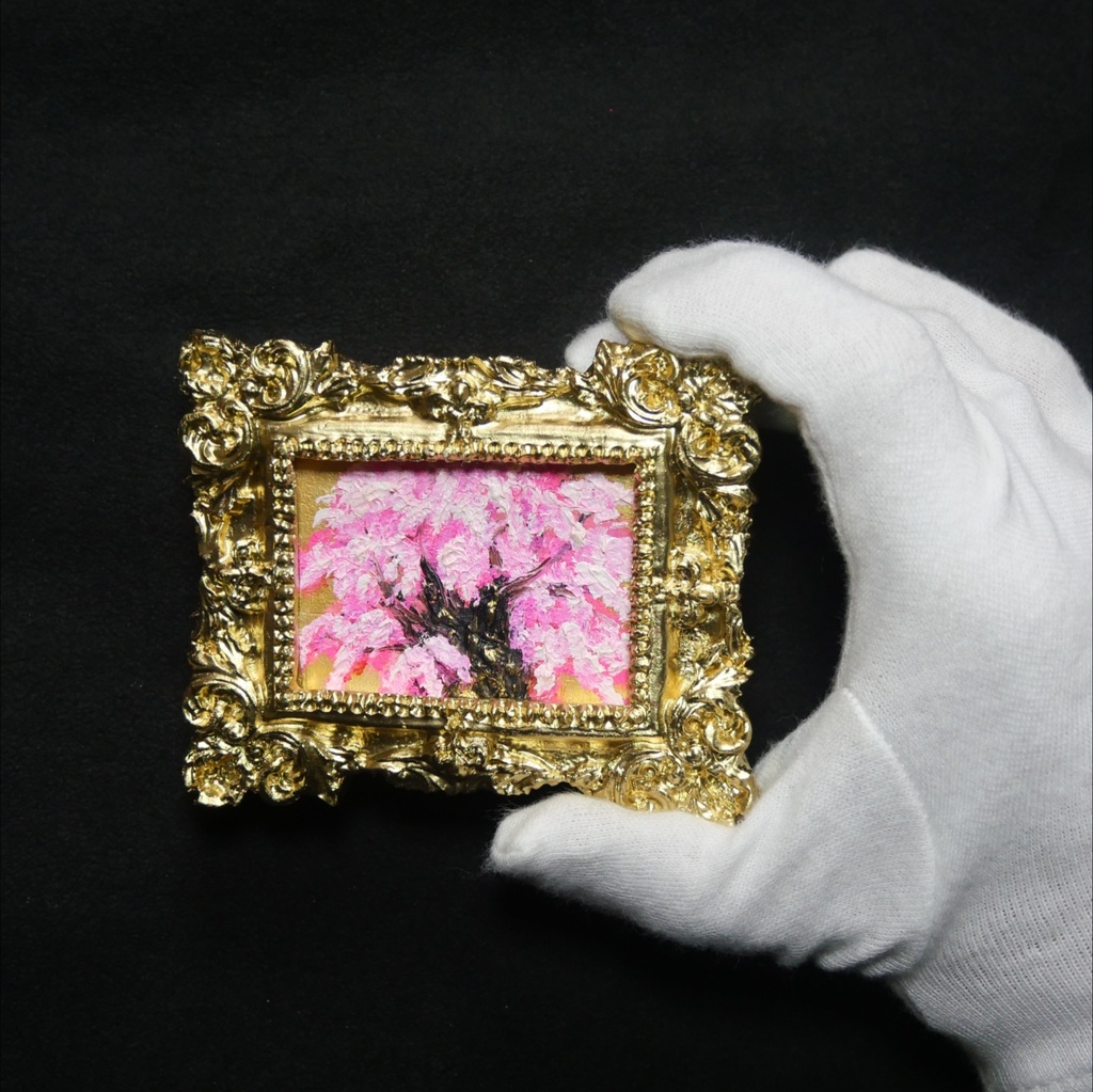【油絵原画】黄金背景の桜大樹 〜爛漫〜(ミニ絵画/豪華額縁付き)