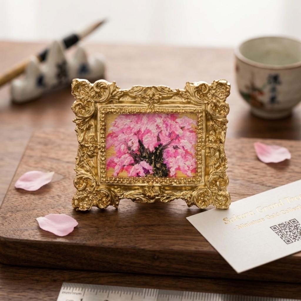 【油絵原画】黄金背景の桜大樹 〜爛漫〜（ミニ絵画／豪華額縁付き）