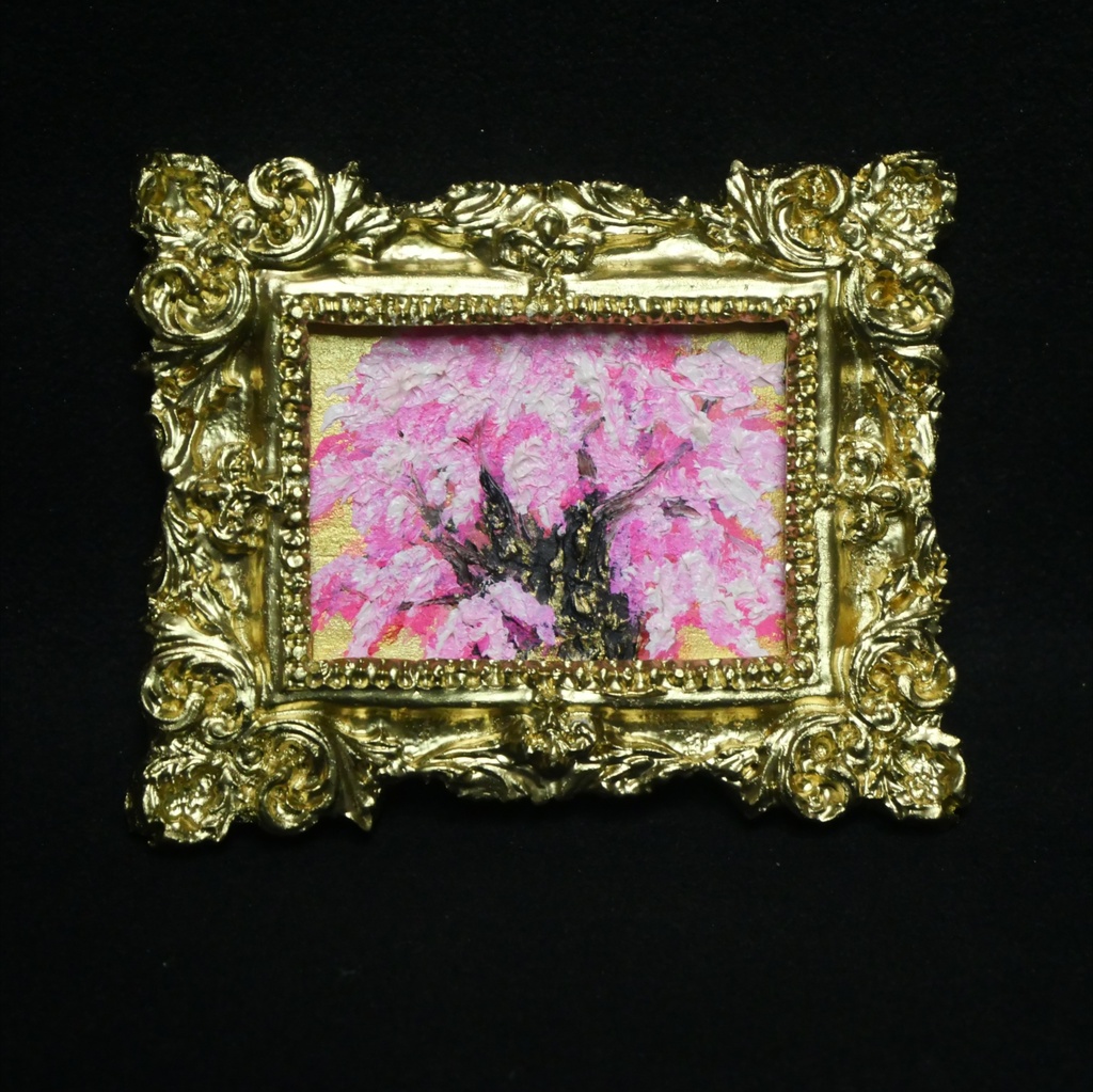 【油絵原画】黄金背景の桜大樹 〜爛漫〜(ミニ絵画/豪華額縁付き)