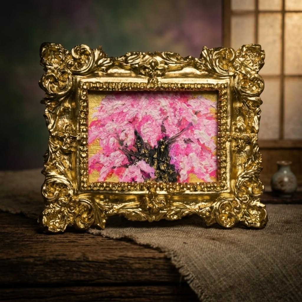 【油絵原画】黄金背景の桜大樹 〜爛漫〜(ミニ絵画/豪華額縁付き)
