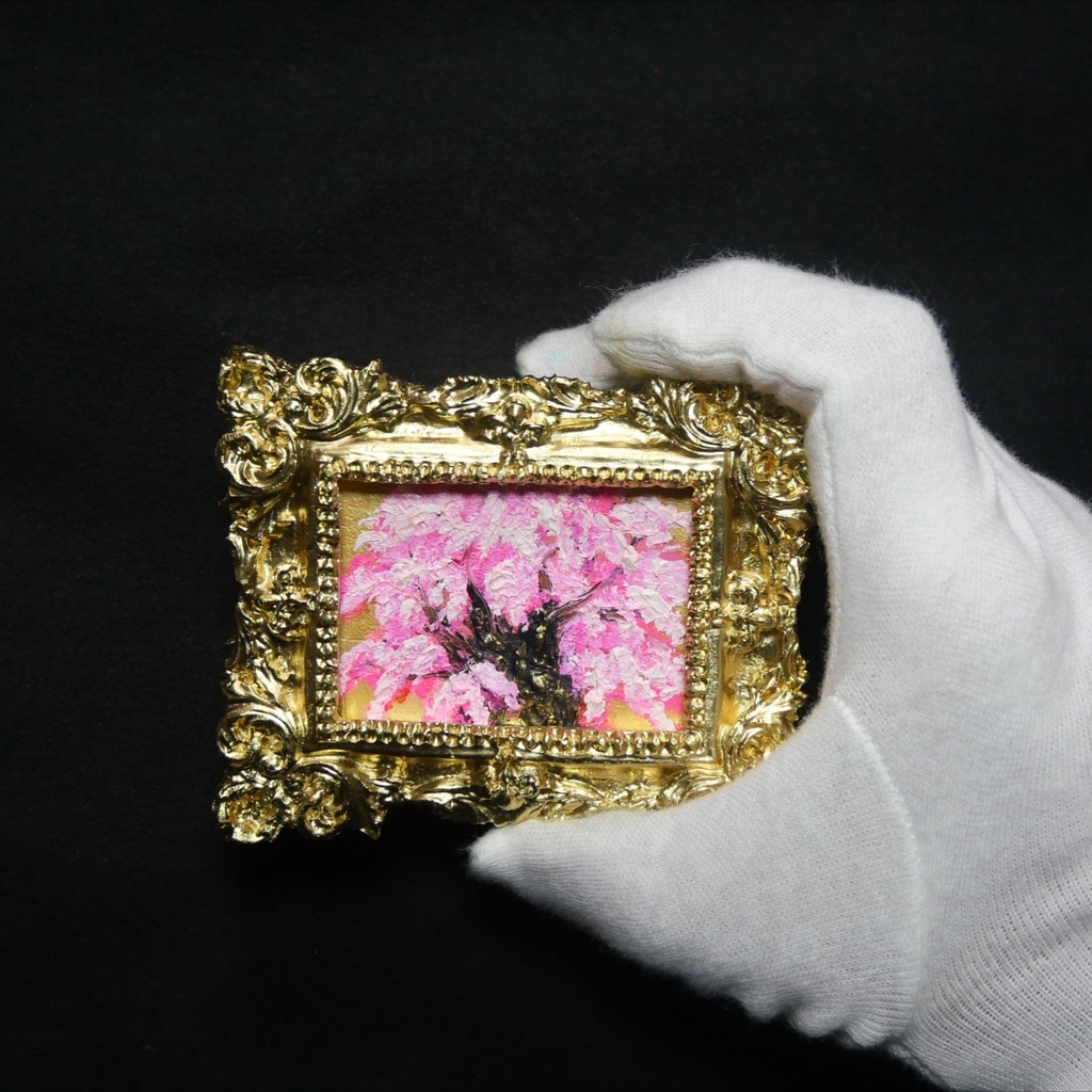 【油絵原画】黄金背景の桜大樹 〜爛漫〜(ミニ絵画/豪華額縁付き)