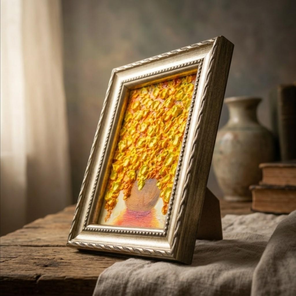 【輝くミモザ】Mimosa Splendor 立体 凹凸 厚塗り 油彩画 ミニ絵画 原画 額縁一体型 春のインテリア 北欧風