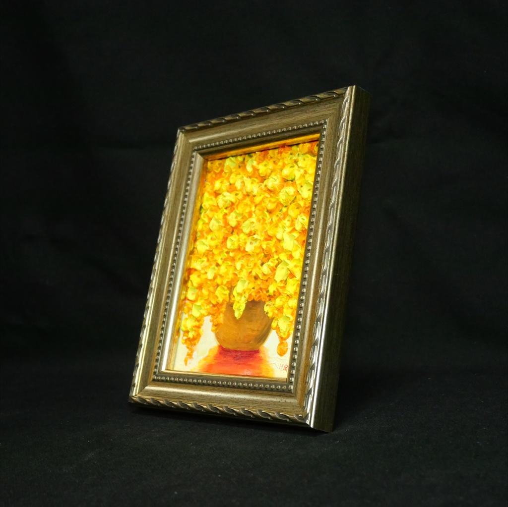 【輝くミモザ】Mimosa Splendor 立体 凹凸 厚塗り 油彩画 ミニ絵画 原画 額縁一体型 春のインテリア 北欧風