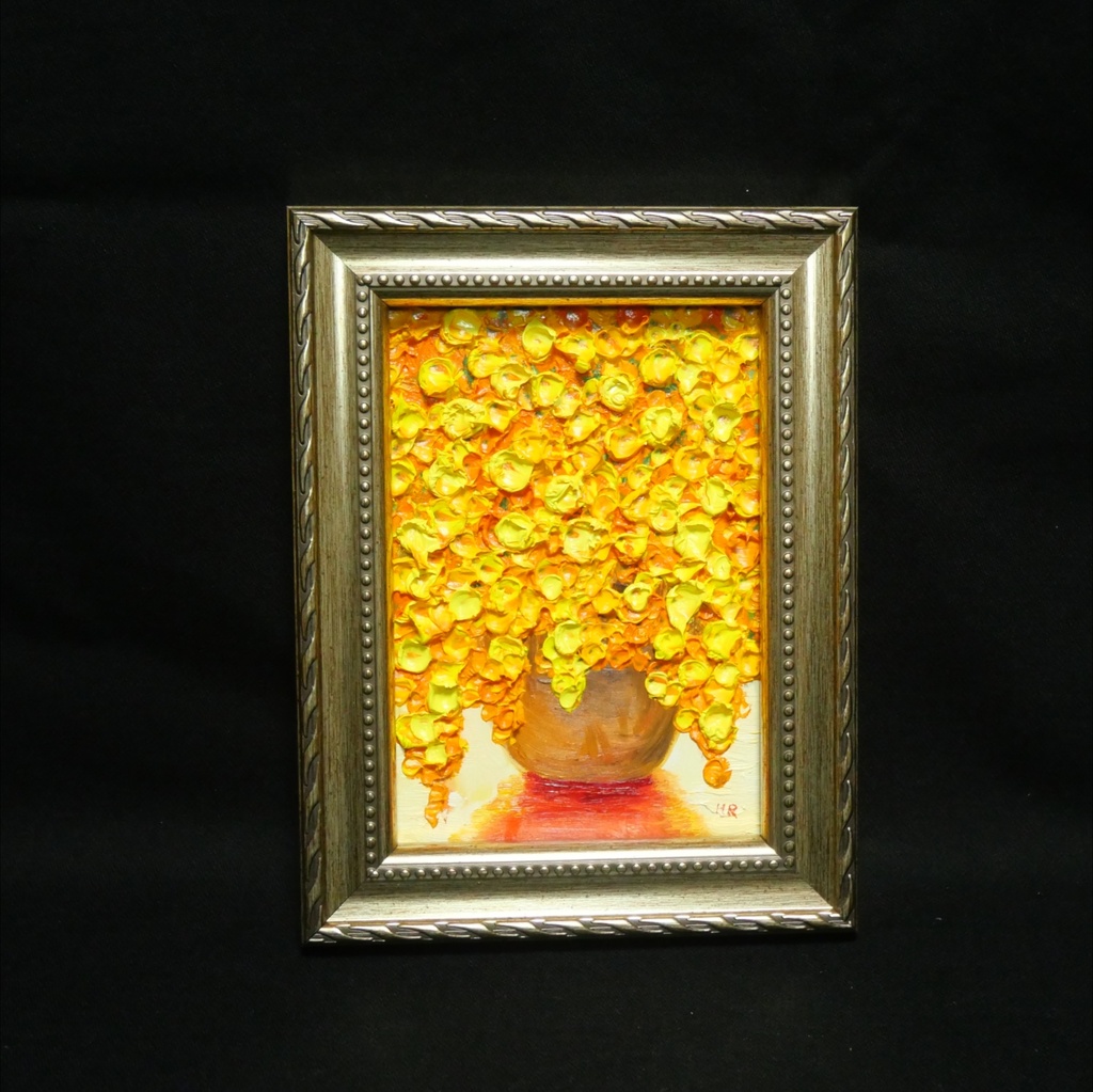 【輝くミモザ】Mimosa Splendor 立体 凹凸 厚塗り 油彩画 ミニ絵画 原画 額縁一体型 春のインテリア 北欧風