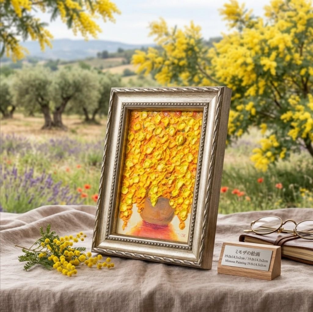 【輝くミモザ】Mimosa Splendor 立体 凹凸 厚塗り 油彩画 ミニ絵画 原画 額縁一体型 春のインテリア 北欧風