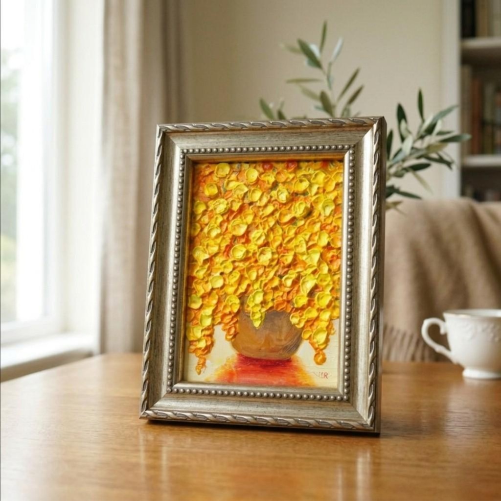 【輝くミモザ】Mimosa Splendor 立体 凹凸 厚塗り 油彩画 ミニ絵画 原画 額縁一体型 春のインテリア 北欧風