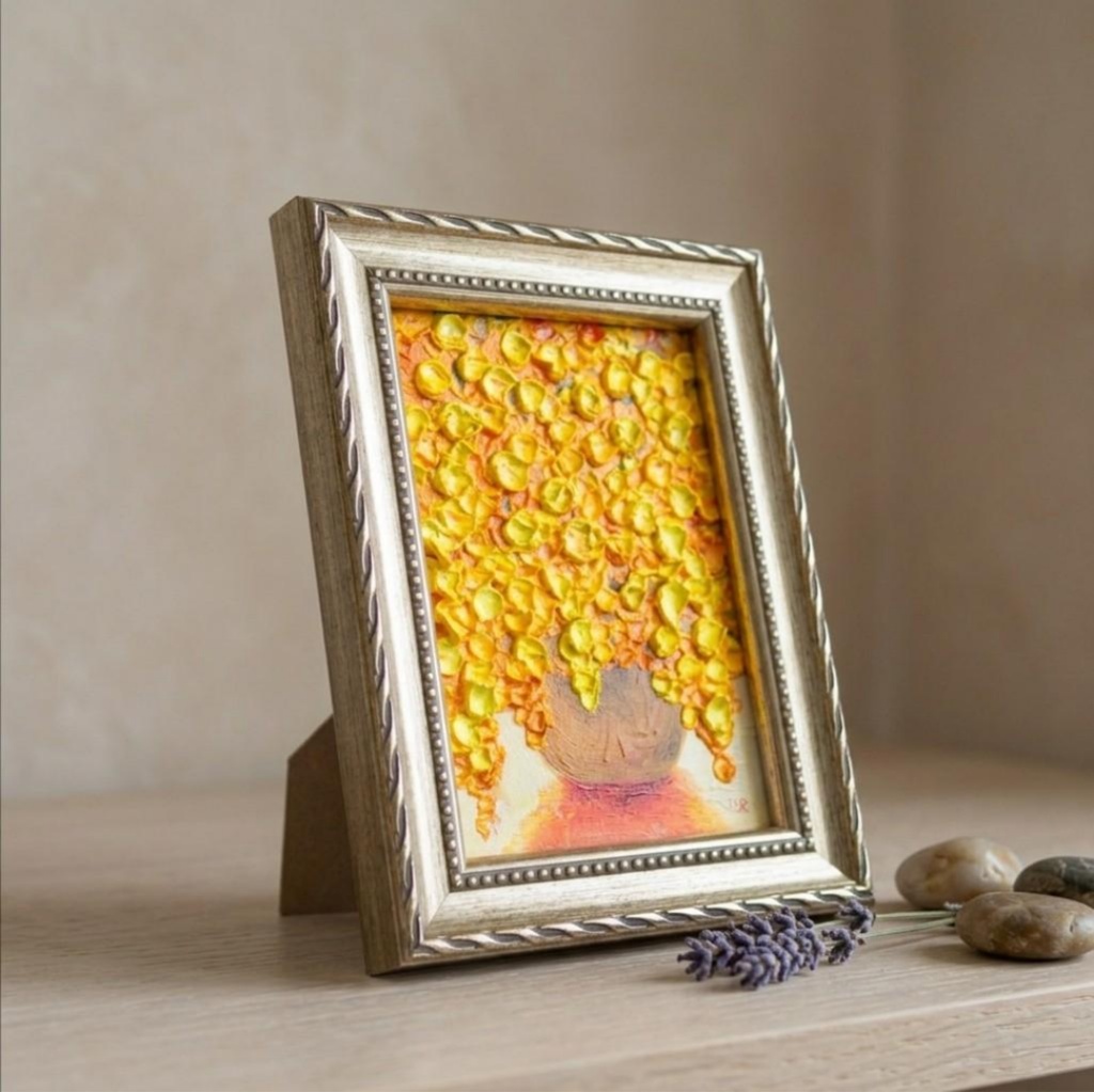 【輝くミモザ】Mimosa Splendor 立体 凹凸 厚塗り 油彩画 ミニ絵画 原画 額縁一体型 春のインテリア 北欧風