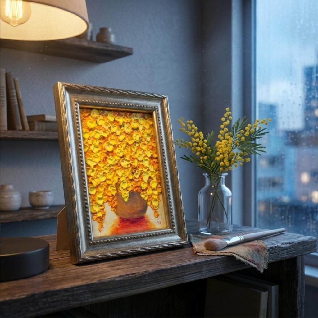 【輝くミモザ】Mimosa Splendor 立体 凹凸 厚塗り 油彩画 ミニ絵画 原画 額縁一体型 春のインテリア 北欧風