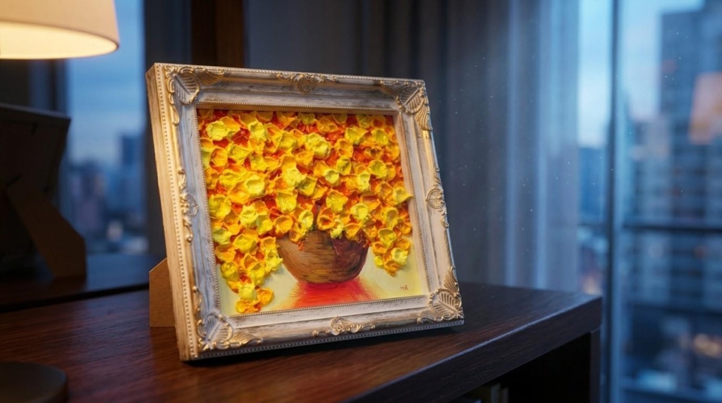 立体油絵【黄金のミモザ】原画 ミニ絵画 額縁付き 油彩画 ミモザインテリア 春