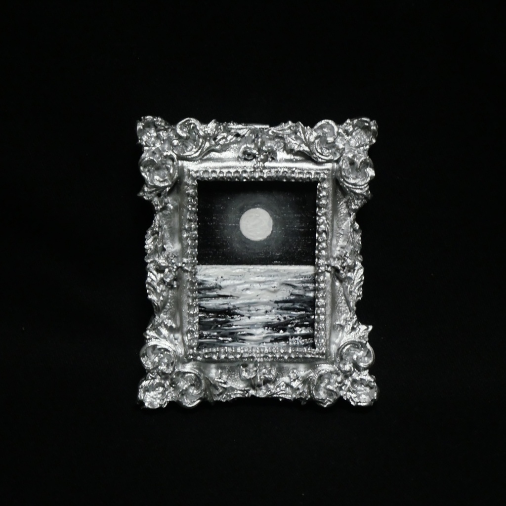 【油絵原画】銀の額縁に閉じ込めた満月【ミニ絵画/額装済】幻想アート・月夜・海・インテリア