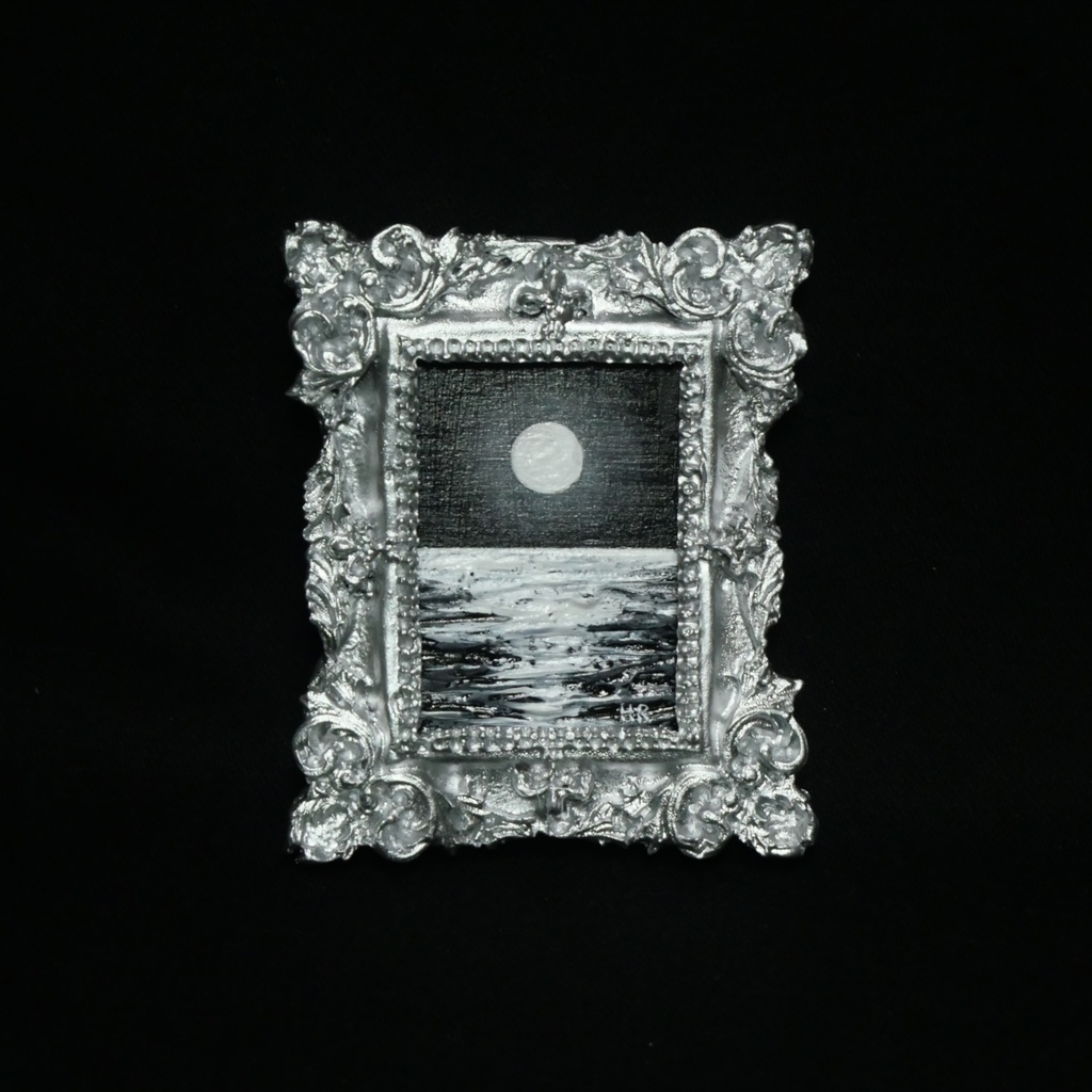 【油絵原画】銀の額縁に閉じ込めた満月【ミニ絵画/額装済】幻想アート・月夜・海・インテリア