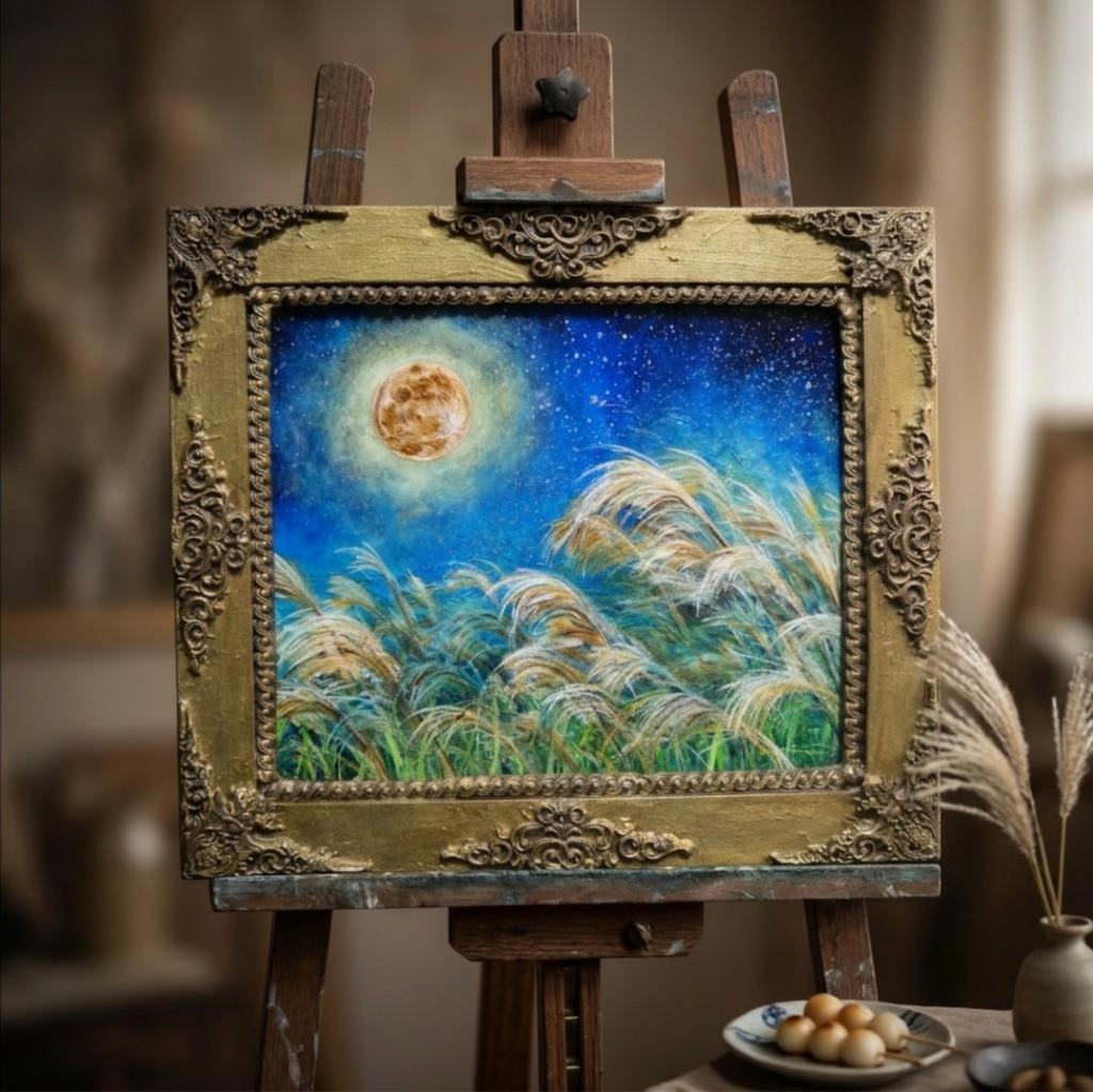 【油絵 原画】十五夜の黄金月と風に揺れるススキ（額縁付き）お月見・秋の夜長