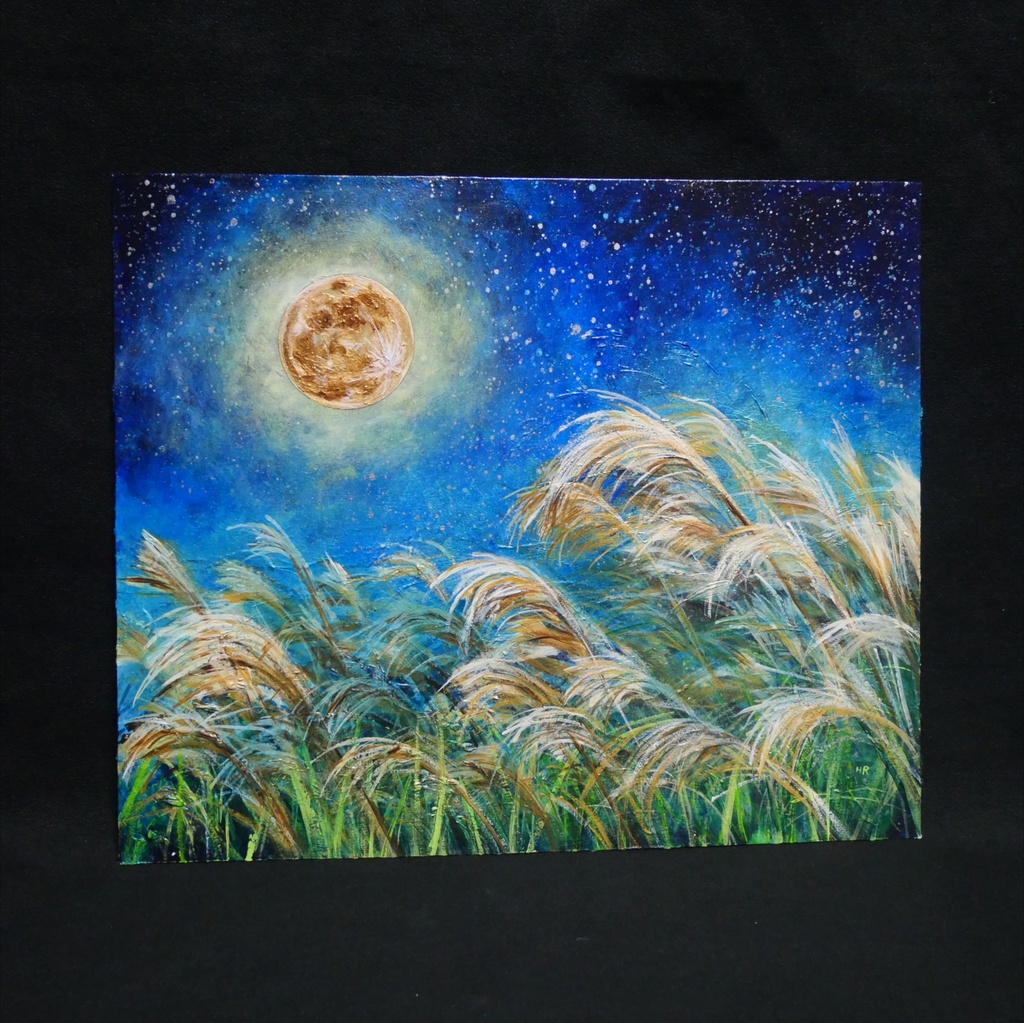 【油絵 原画】十五夜の黄金月と風に揺れるススキ(額縁付き)お月見・秋の夜長