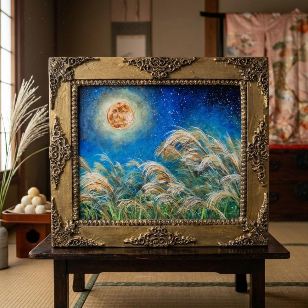 【油絵 原画】十五夜の黄金月と風に揺れるススキ(額縁付き)お月見・秋の夜長