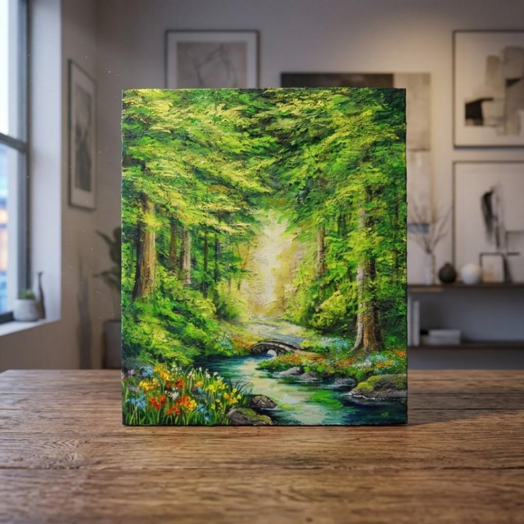【現品・油絵】碧翠の楽園 〜光あふれる秘密の森〜(F8サイズ 額なしキャンバス)