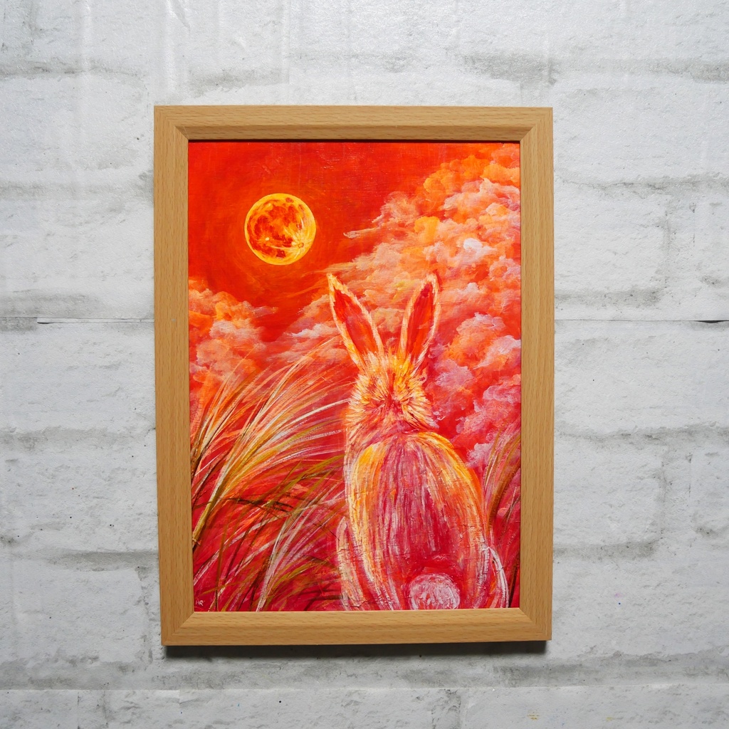 幻想油絵原画「満月ノ夜ニ、君ヲ想フ」月下見上げるうさぎ A4額装 置き型壁掛け両用 秋夜のインテリアアート
