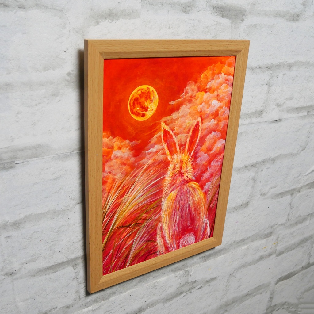 幻想油絵原画「満月ノ夜ニ、君ヲ想フ」月下見上げるうさぎ A4額装 置き型壁掛け両用 秋夜のインテリアアート