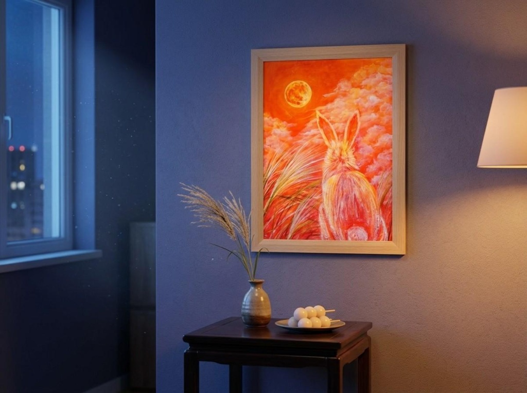 幻想油絵原画「満月ノ夜ニ、君ヲ想フ」月下見上げるうさぎ A4額装 置き型壁掛け両用 秋夜のインテリアアート