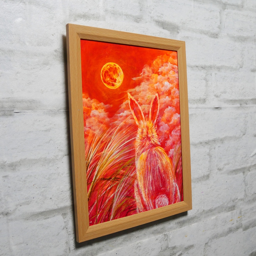 幻想油絵原画「満月ノ夜ニ、君ヲ想フ」月下見上げるうさぎ A4額装 置き型壁掛け両用 秋夜のインテリアアート