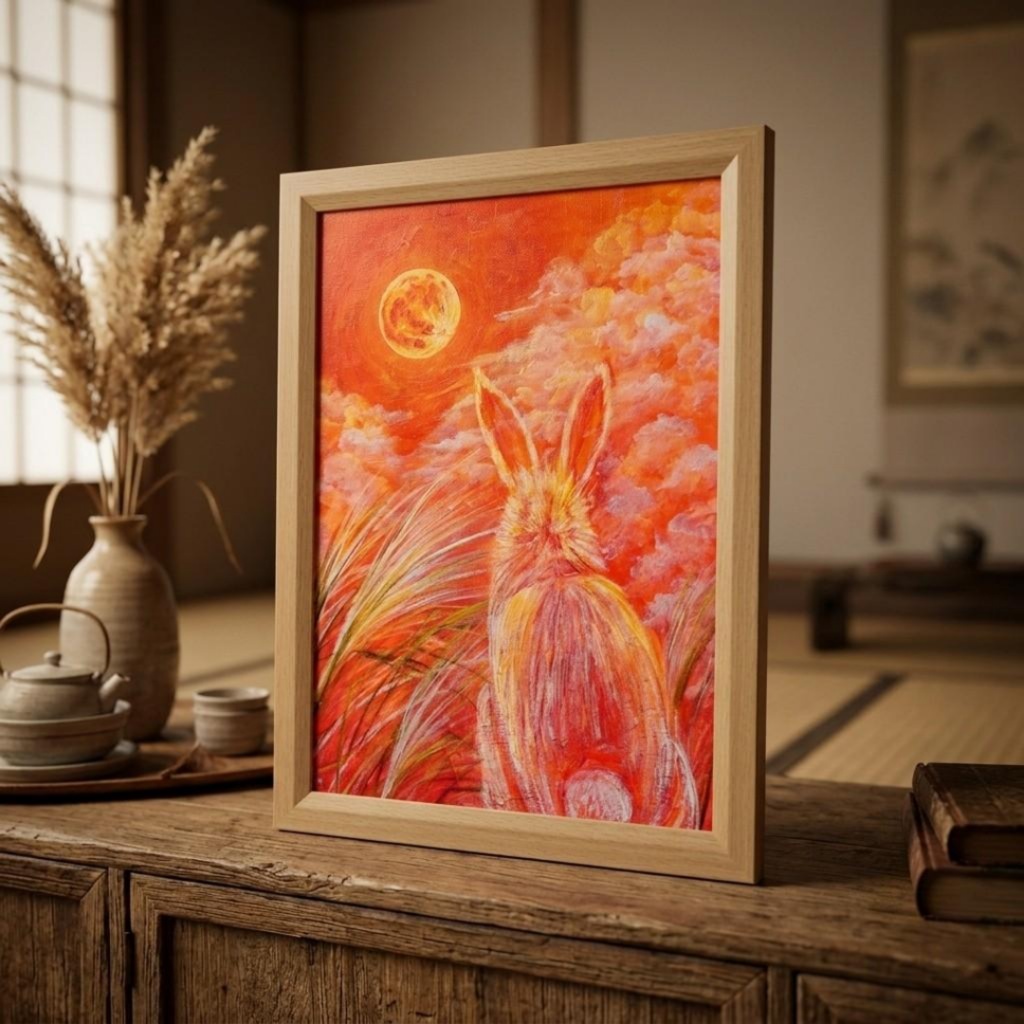 幻想油絵原画「満月ノ夜ニ、君ヲ想フ」月下見上げるうさぎ A4額装 置き型壁掛け両用 秋夜のインテリアアート