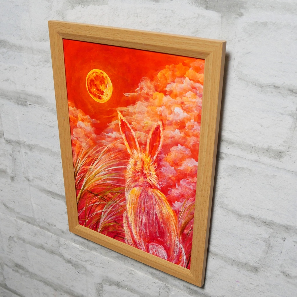 幻想油絵原画「満月ノ夜ニ、君ヲ想フ」月下見上げるうさぎ A4額装 置き型壁掛け両用 秋夜のインテリアアート
