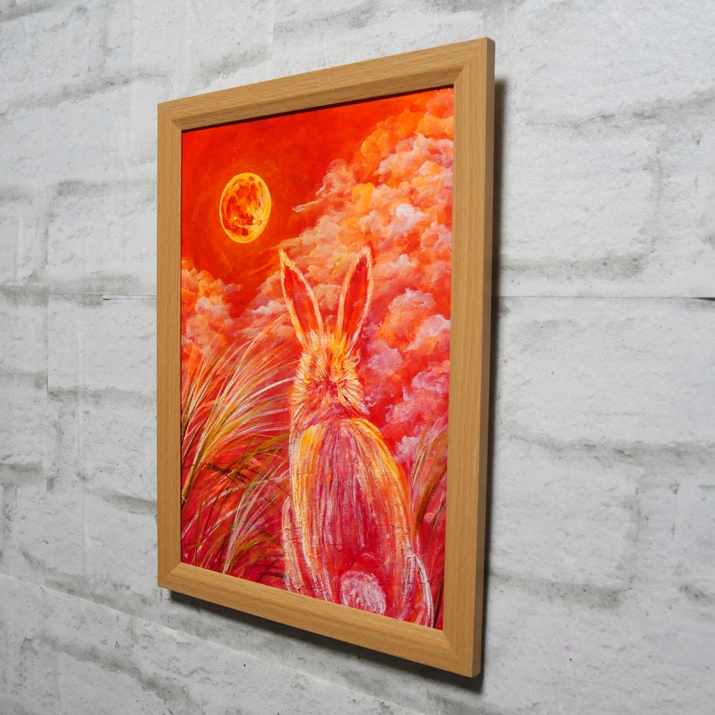 幻想油絵原画「満月ノ夜ニ、君ヲ想フ」月下見上げるうさぎ A4額装 置き型壁掛け両用 秋夜のインテリアアート