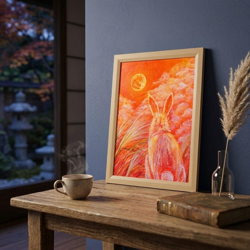 幻想油絵原画「満月ノ夜ニ、君ヲ想フ」月下見上げるうさぎ A4額装 置き型壁掛け両用 秋夜のインテリアアート