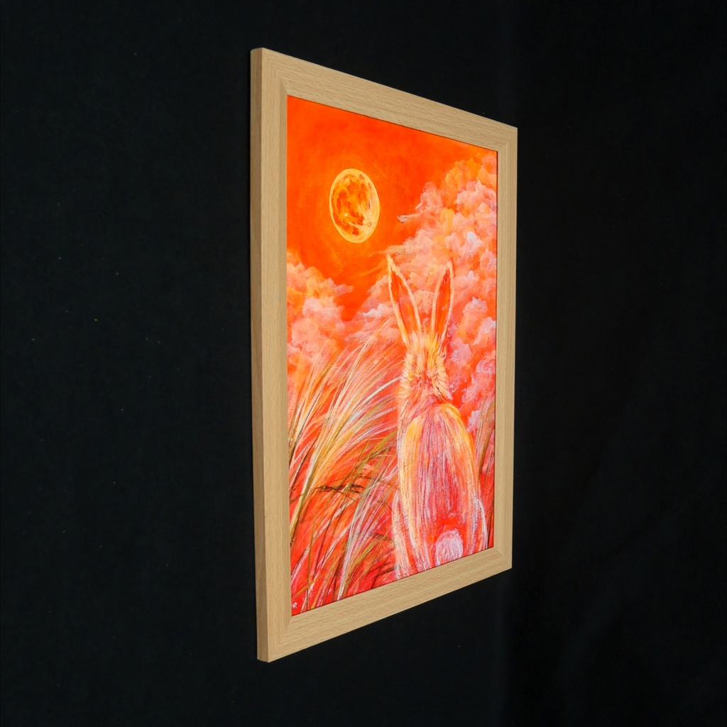幻想油絵原画「満月ノ夜ニ、君ヲ想フ」月下見上げるうさぎ A4額装 置き型壁掛け両用 秋夜のインテリアアート