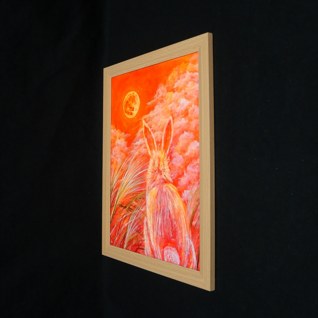 幻想油絵原画「満月ノ夜ニ、君ヲ想フ」月下見上げるうさぎ A4額装 置き型壁掛け両用 秋夜のインテリアアート