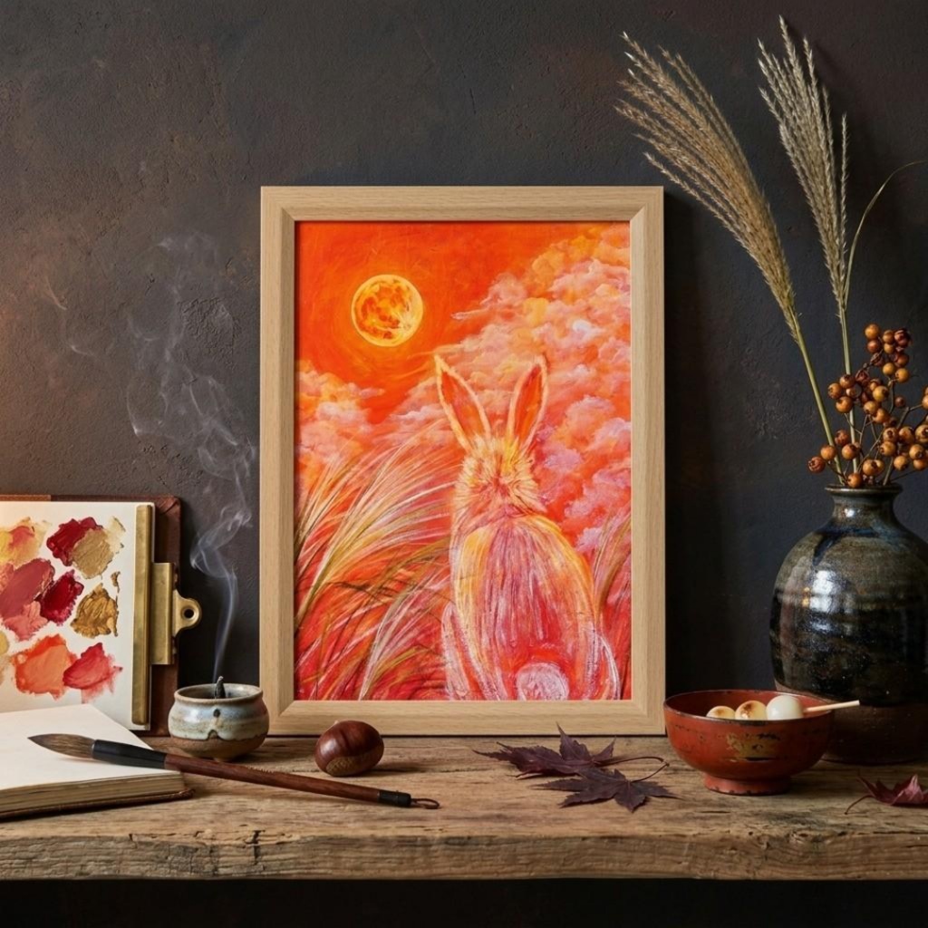 幻想油絵原画「満月ノ夜ニ、君ヲ想フ」月下見上げるうさぎ A4額装 置き型壁掛け両用 秋夜のインテリアアート