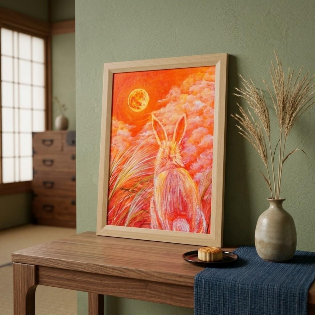 幻想油絵原画「満月ノ夜ニ、君ヲ想フ」月下見上げるうさぎ A4額装 置き型壁掛け両用 秋夜のインテリアアート