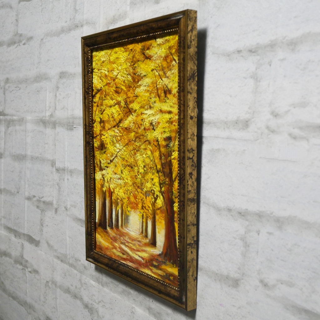 【1点物】油絵・油彩画 A4「黄金のプロムナード」イチョウ並木の風景