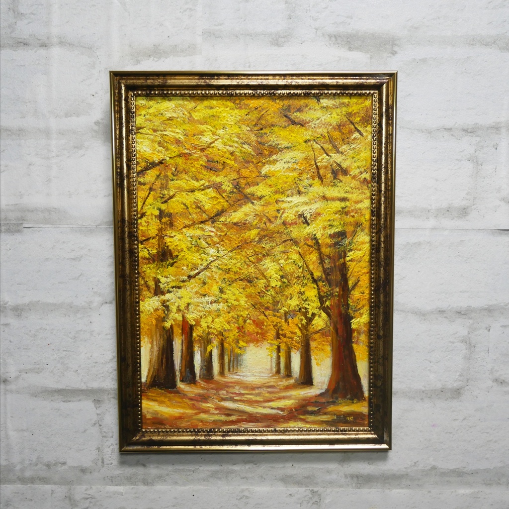 【1点物】油絵・油彩画 A4「黄金のプロムナード」イチョウ並木の風景