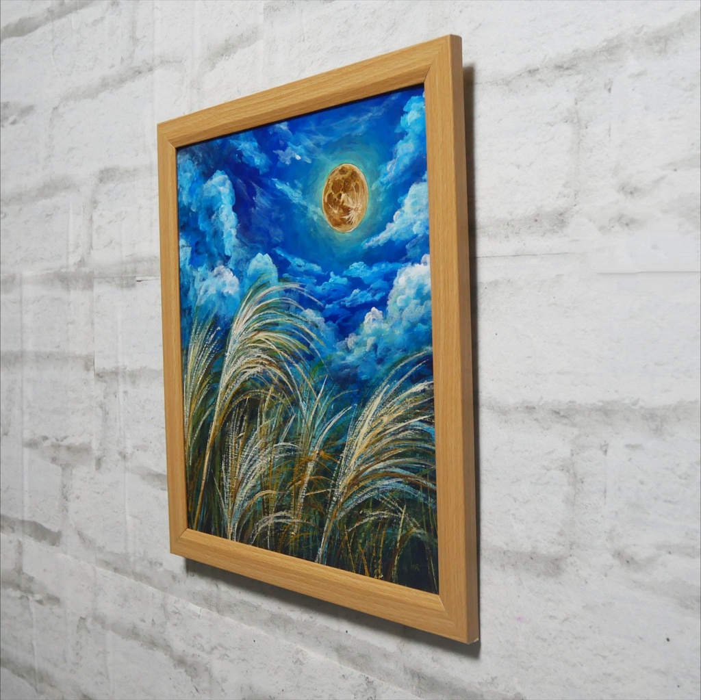 【油絵原画】黄金満月と風光る芒(額縁・ラッピング付き)絵画インテリア