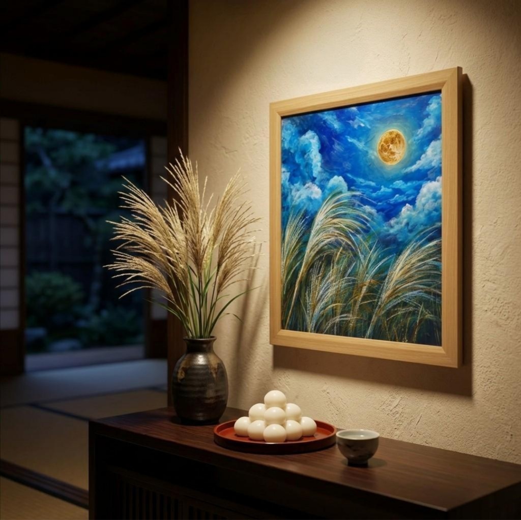 【油絵原画】黄金満月と風光る芒(額縁・ラッピング付き)絵画インテリア
